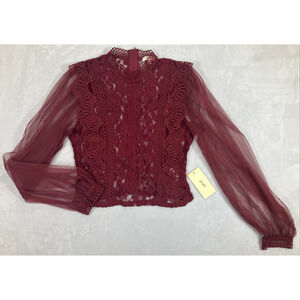 Fairy Women's Whimsy Sheer Lace Romantic Size Medium Blouse Red NWT Zip-Up Back